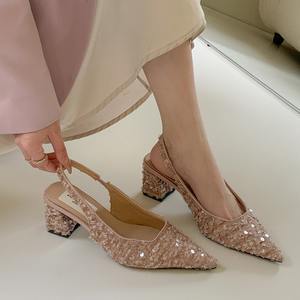 2024 dames sandales à talons hauts talons pointus hauteur ouverte augmentant le poids léger anti-dérapant haute paillettes perlées vide Daur Sense! - Product Image 1