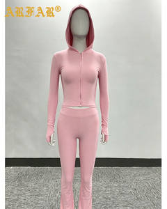Ensembles pour femmes deux pièces tenue Basics sweat à capuche et <span class=keywords><strong>pantalon</strong></span> évasé veste zippée <span class=keywords><strong>pantalon</strong></span> évasé maigre ensemble de survêtement de <span class=keywords><strong>jogging</strong></span> vêtements pour femmes - Product Image 3