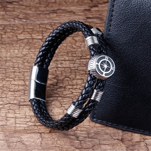 Bracelets en cuir tressé multicouche personnalisés pour hommes, avec boussole en acier inoxydable – Vente en gros - Product Image 3