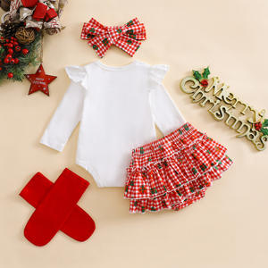 Set Natalizio per Neonati 4 Pezzi in Puro Cotone: Body 'Il Mio Primo Natale', Gonna a Quadri, Fiocco per Capelli + Calzini per Foto Festive - Product Image 3