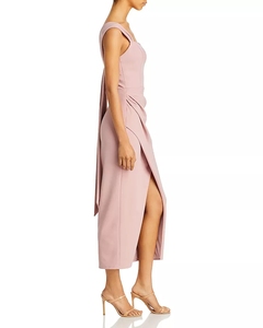 Abito <span class=keywords><strong>da</strong></span> sera formale <span class=keywords><strong>da</strong></span> donna a tubino, tinta unita, in tessuto naturale ecologico, con drappeggio a nastro lungo che si avvolge sul retro e arricciature - Product Image 5