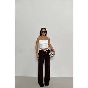 <b>Brown</b> Ladies Trousers Front-<b>Tie</b> Closure Breathable Soft Elastic Waist Mid Waist Modern Classic Style Woven Autumn XL XS Colored - Product Image 3