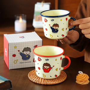 <b>Ceramic</b> Mug Cartoon Design Blue Handle Cute Couple Gift Present Breakfast Milk <b>Cup</b> Screen Printing - Product Image 3