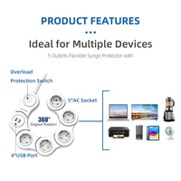 Multiprise portable rotative Vastfafa avec protection contre les surtensions, 5 prises, 4 ports USB, 16A, rallonge flexible, pratique pour les appareils électroménagers