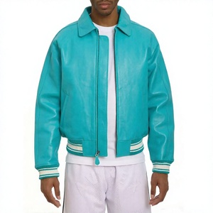 <b>Men</b> Leather Bomber <b>Jacket</b> Custom Logo Zip Up Regular Fit Waterproof Windproof Streetwear Outerwear - Product Image 4