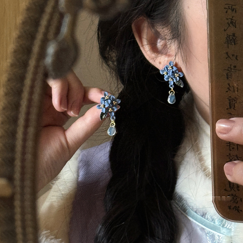 LUOZZY Chinese Vintage Amber Dangle Earrings – Blue Ball Drop Style For Hanfu & Cheongsam - View #2