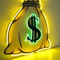 Bolsa de dinero personalizada Letrero de neón Led Símbolo de la suerte Letreros de dólar de neón para restaurante Tienda al por menor Casino Arte de la pared Decoración