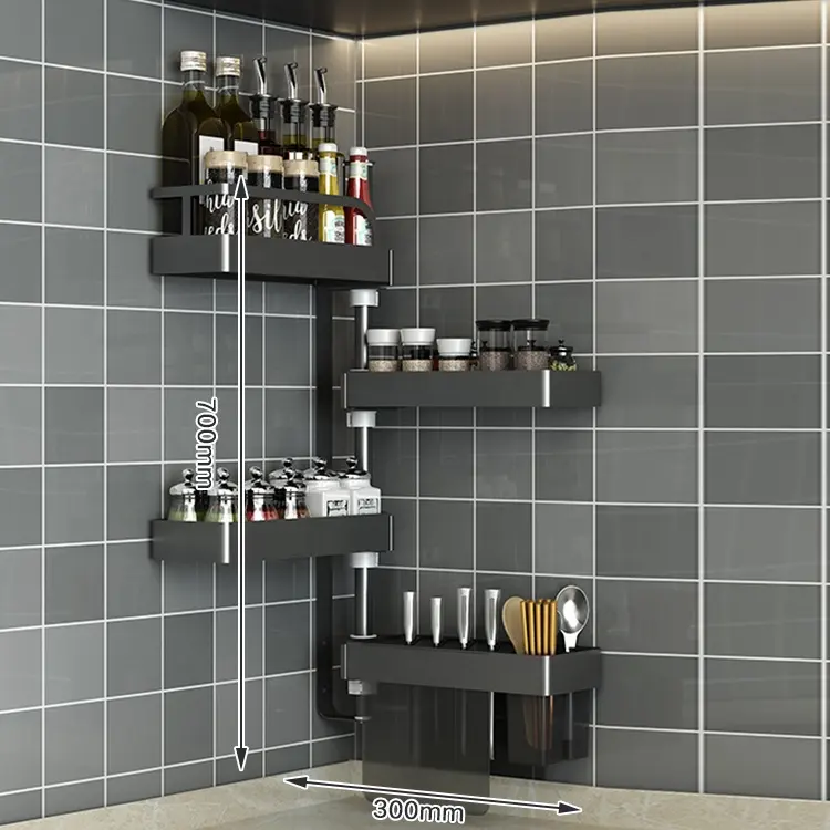 Prateleira com 360 rotações, prateleira para armazenamento de especiarias, cozinha preta, fixada na parede