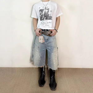 Shorts en jean TRUEN pour homme, style européen et américain, été, 100 % coton, streetwear, bords bruts, effet usé, coupe ample - Product Image 1