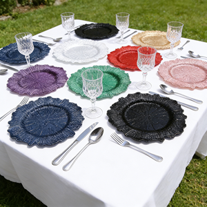 Piatto Decorativo di Lusso da 13 Pollici, Economico, Rosso, Blu, Rosa, <span class=keywords><strong>Oro</strong></span> Rosa, Argento, con Motivo a Foglie e Riff, in Acrilico e Plastica, per Tavoli da Matrimonio - Product Image 1