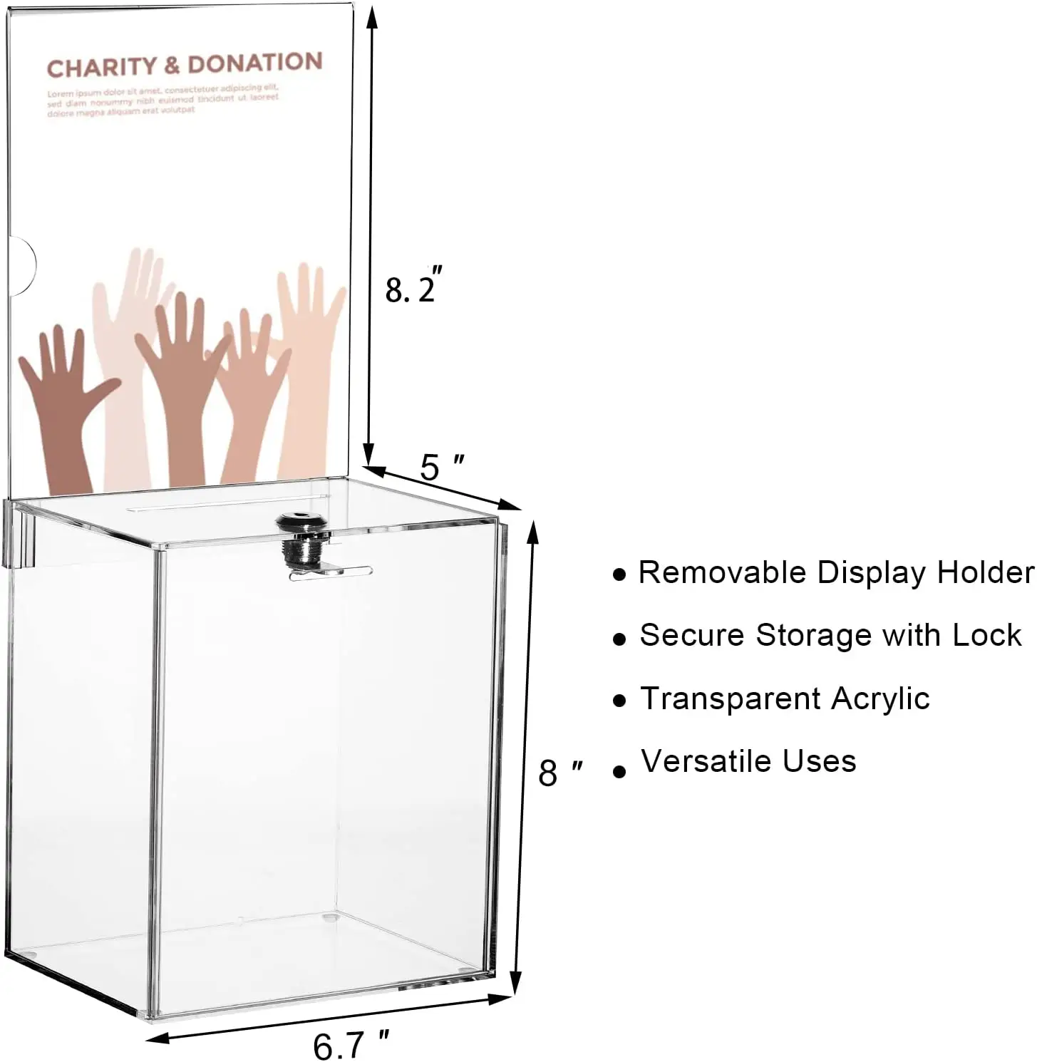자물쇠와 로고 클립이 있는 아크릴 기부 상자, 6.7x5x8 인치 투명 제안 상자, 투표함