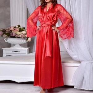 2024 Women Fashion Robe Set Long Lace Sleeve Belted <strong>Maxi</strong> <strong>Nightdress</strong> +Thongs Set Lady Satin Sleepwear Sexy Lingerie Bathrobe - Product Image 2