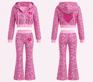 Fabricantes de Ropa, Conjuntos de 2 Piezas Personalizados para Mujer, Sudadera Corta con Cremallera y Estampado de Leopardo Rosa y Pantalones Acampanados con Pedrería, Ropa Urbana Y2K - Product Image 2