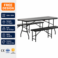 Ensemble de table de pique-nique pliable 3 pièces en rotin texturé HDPE, design moderne pliable en deux, coussin imperméable, 2 bancs, extérieur