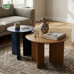Ensemble de tables basses rondes modernes pour salon, en bois, 2 pièces, couleur bleu marine, pour salon, chambre, bureau - Product Image 4
