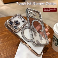 Étui de téléphone portable magnétique à paillettes de strass pour 17 Pro Max avec film de protection d'objectif transparent électroplaqué et protection d'appareil photo
