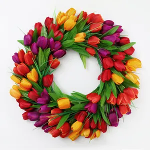 Tulip Wreath Flower Wreaths For Front Door Spring Silk Wreath With Green Leaves For Window Wall Wedding Valentines Day Decor