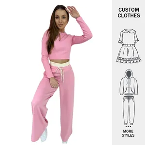 Custom Oem Sportswear Womans Clothing Set String Back Pullover Long Sleeve Plus Size 2 Piece Tracksuit Coord Women Set