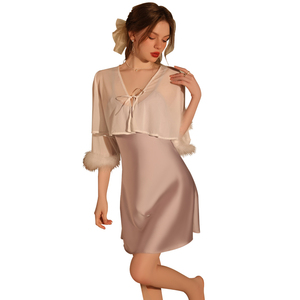 New Hot Sleepwear for Women Solid Satin slip <strong>Dress</strong> and <strong>White</strong> <strong>Fur</strong> Trim Shawl Cape Nightwear Sleep Set Q2793 - Product Image 3