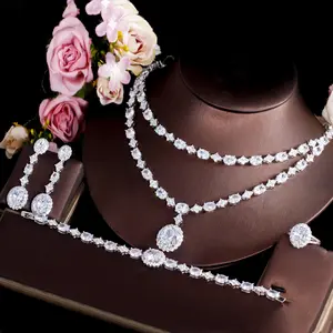 Bling elegante circonita blanca redonda de cristal de dos capas collar de 4 piezas de lujo árabe boda juegos de joyería para las mujeres