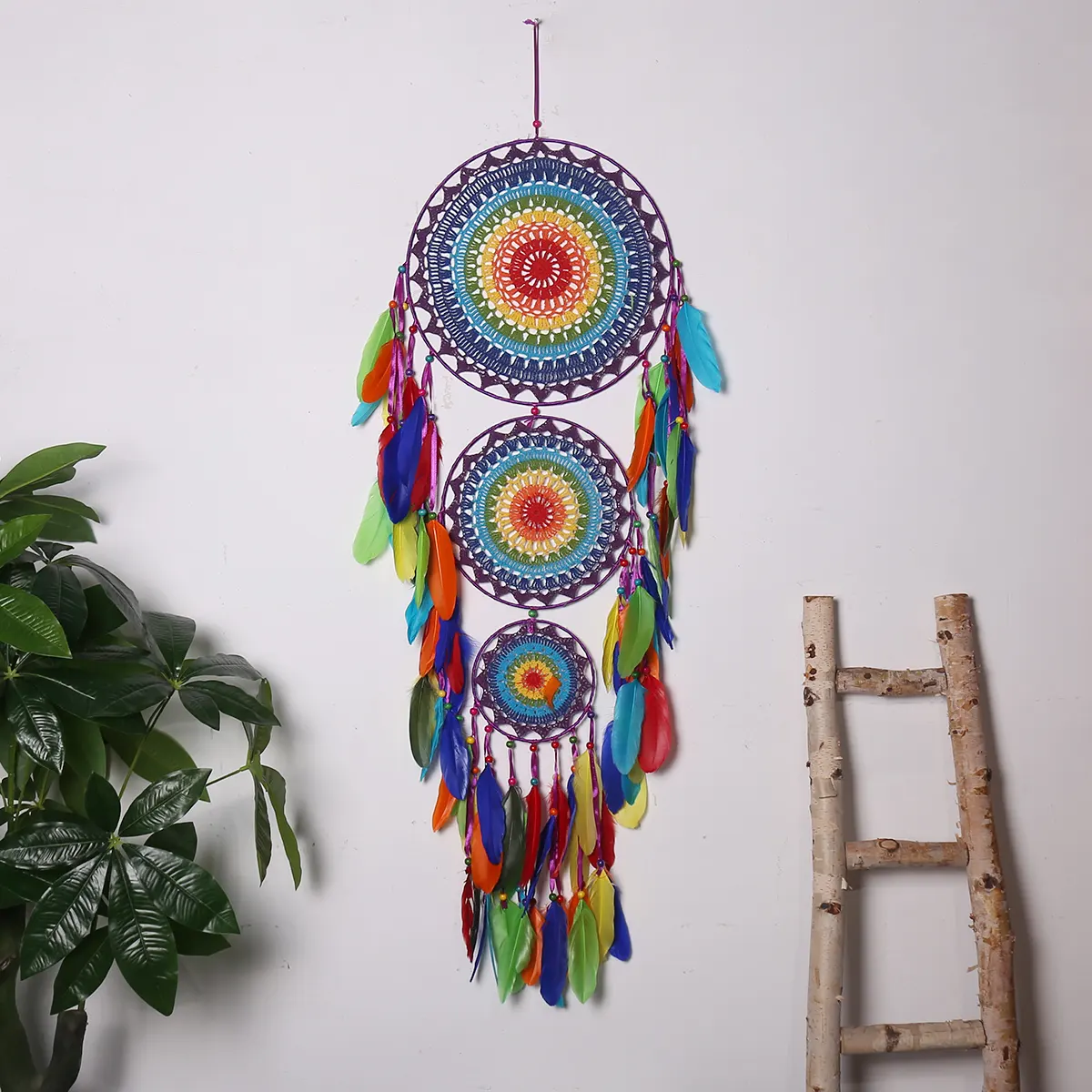 India Design Concentric Circles Three Iron Rings Dreamcatcher with Colorful Feather Woven Lucky Eyes Hanging Decor Bedroom