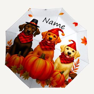 1 Parapluie pliant personnalisé avec nom de chien motif citrouille, sans MOQ, cadeau d'automne pour animal de compagnie, impression UV, commande unique, Payung Custom - Product Image 1