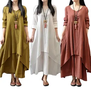 Fuyu New Women Einfarbiges Langarm-Leinen kleid Plus Size Loose Casual Mid Waist Dress