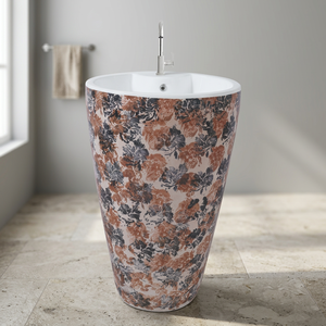 Lavabo de salle de bain autoportant rond en céramique de granit couleur chocolat clair sur piédestal pour usage commercial - Product Image 6