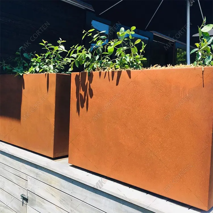 Personalizado Rusty Garden Box Outdoor retangular Metal Flower Pot decorativo Corten aço Modular plantador