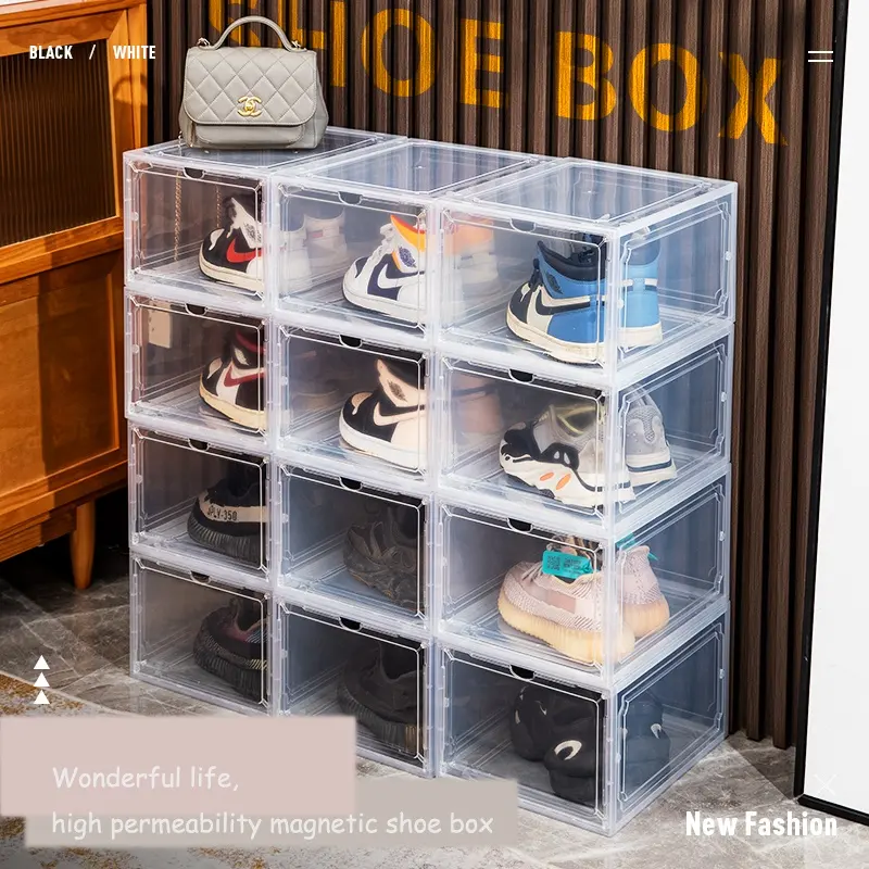 Foldable Transparent Stackable Stackable Clear Acrylic Shoe Case Display Container Organizer Box Side Drop Magnetic Storage