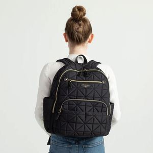 Sac à dos à langer matelassé noir personnalisé en nylon, multi-poches, imperméable, avec matelas à langer intégré, sangles de poussette élégantes pour maman - Product Image 3