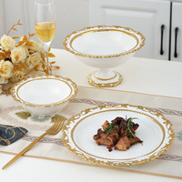 Service de table de luxe royal en céramique blanc or, assiettes de restaurant gaufrées, vaisselle en porcelaine incrustée d'or, vaisselle en stock