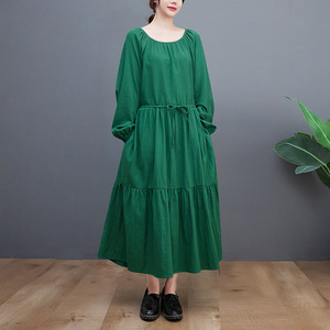 <span class=keywords><strong>Robe</strong></span> décontractée en coton lin vert uni pour femmes hiver automne Maxi avec col rond manches longues bouffantes ceinture poches-mode respirante - Product Image 1