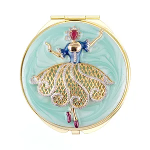 Round Pocket Mirror Dress Shaped Dancing Girl Cosmetic Mirror Crystal Handle Jewelry Compact Mirror