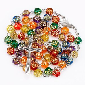 Rosário Católico de Cristal Colorido Missionário com 5 Cores, Contas Prateadas em Forma de Cruz, Unissex, Giubileo - Product Image 5
