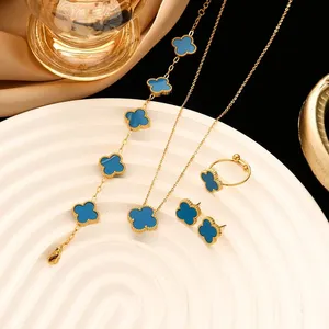 Hot Bán Titan Thép 18K May Mắn Clover Set Vòng Cổ, Vòng Đeo Tay, Bông Tai Nhẫn, Đồ Trang Sức Thời Trang, Xương đòn Chuỗi