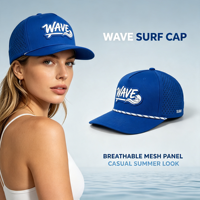 Casquette de golf unisexe de performance pour la plage et le surf, bleue, à séchage rapide, respirante, avec trous découpés au laser et logo en caoutchouc 3D en forme de vague