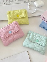Niedliche Gesteppte Geldbörse Kartenhalter Mädchen Kawaii Kariertes Muster Geschäfts-ID-Karte Polyester Knopf-Reißverschluss Mini-Schlüsselbörse Münzbeutel