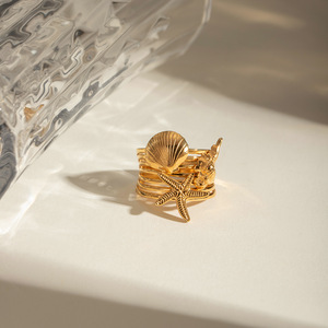 18k Gold Stainless Steel Starfish And Conch Shell <b>Open</b> <b>Ring</b> For Women Elegant Jewelry Gift Accessory - Product Image 3