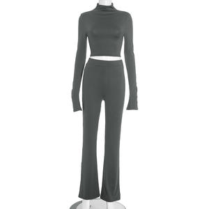 Viviblook D25ST426 Autumn Women's Clothing Set High Collar Long <b>Sleeves</b> Crop <b>Top</b> High Waist Flared Pants Set - Product Image 2