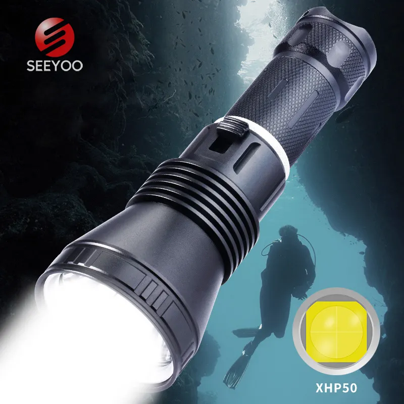 Professional Deep Sea Dive Light Aluminum Waterproof Underwater 26650 Battery Rechargeable P50 Led Torch Flashlight for Diving