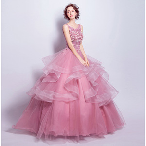 Rose Pink Ball Gown Evening Dress Sweetheart Neckline Empire Waist Floral Print For Wedding Toast Party - Product Image 2
