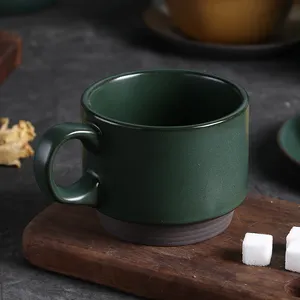 China Suppliers Vintage Style Matte Green Restaurant Cafe Used Drinking Cup Custom Stoneware Coffee Mug