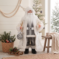 Figurine de Père Noël en velours gris avec boule argentée pour l'affichage de Noël en boutique nordique