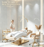 Lit de Soin Ergonomique de Luxe pour Cils, Ensemble Moderne pour Spa et Beauté, avec Éclairage LED Demi-Lune, Chaise à Roulettes Robuste à Base Dorée, Durable