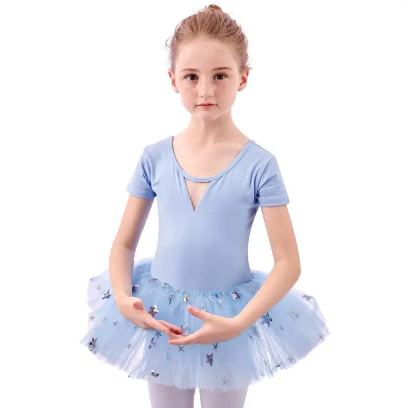 Setelan tari perut anak perempuan, kostum pertunjukan balet biru Tutu, Jumpsuit latihan lengan pendek musim panas untuk anak perempuan