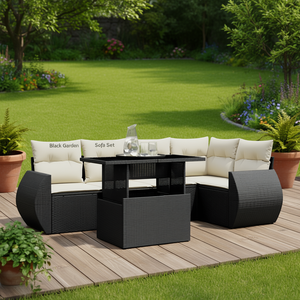 Black Garden <b>Sofa</b> Set 6 Seater <b>Rattan</b> Outdoor Furniture Weather Resistant Contemporary Design Garden Set - Product Image 2
