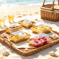 Boîte d'emballage alimentaire carrée transparente en gros avec couvercle, résistante à la graisse, plateau à gâteau doré, boîte à pâtisserie, emballage jetable transparent pour desserts
