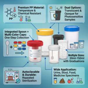 Pot de prélèvement d'échantillons fécaux stérile avec cuillère 60 ml, en PP de qualité médicale, jetable, <span class=keywords><strong>pour</strong></span> tests de laboratoire - Product Image 3