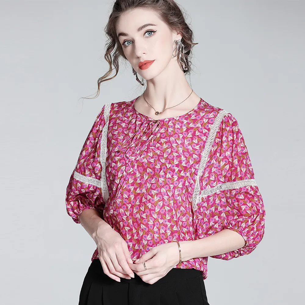 Fashion blouse crepe de chine women silk blouse Grade 6A silk print elegant blouses for women